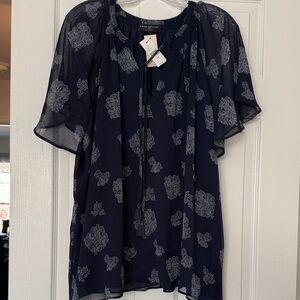 Lane Bryant Navy Sheer Floral Tie-Front Blouse